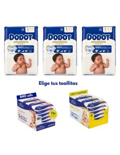 Pack Dodot Sensitive Talla 1 348 uds (3 cajas) + Toallitas Dodot a elegir (cuidado completo del recién nacido)