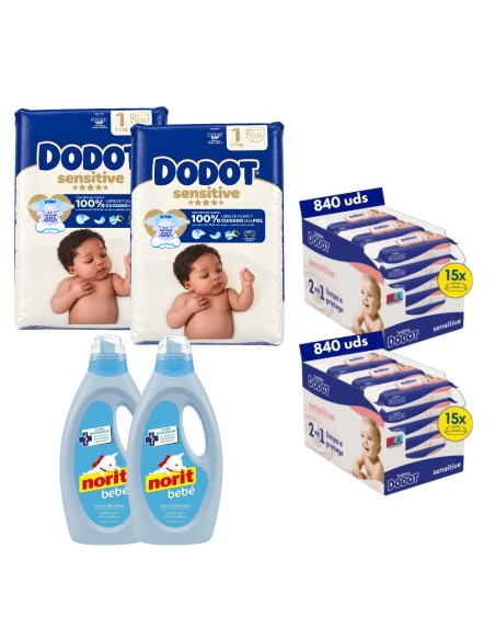 Pack Ahorro Pañales Dodot Talla 1 + Toallitas Sensitive + Norit Bebé - Nappy.es