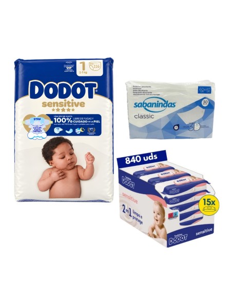 Pack Dodot talla 1 con 116uds + toallitas sensitive + empapadores 40x60cm