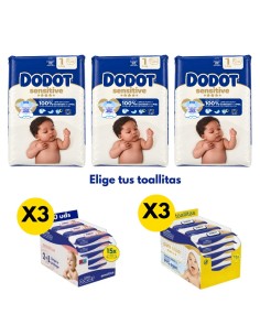Pack 3 Cajas Talla 1 Sensitive + Toallitas Aquapure | Dodot - Nappy.es