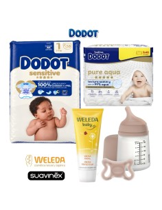 Pack Recién Nacido Dodot Sensitive Talla 1 + Biberón Zero Zero Suavinex + Weleda + Aqua Pure