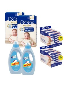 Pack Dodot Sensitive Talla 2 348 uds + Toallitas Sensitive 1620 uds + Norit Bebé 2 uds (cuidado completo del bebé)