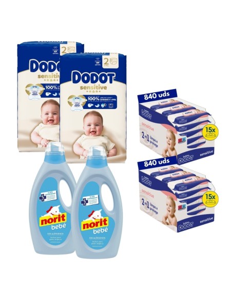 Pack Dodot Sensitive Talla 2 348 uds + Toallitas Sensitive 1620 uds + Norit Bebé 2 uds (cuidado completo del bebé)