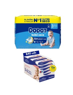 Pack Dodot Bebé-Seco Talla 3 186 uds + Toallitas Dodot Sensitive 810 uds (protección y cuidado completo)