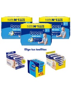 Pack Dodot Bebé-Seco Talla 3 558 uds (3 cajas) + Toallitas Dodot a elegir (protección y cuidado completo)