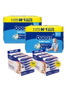 Pack Dodot Bebé-Seco Talla 3 372uds + Toallitas Dodot Sensitive 810 uds