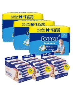 Pack Dodot Bebé-Seco Talla 3 186 uds + Toallitas Dodot Sensitive 810 uds (protección y cuidado completo)