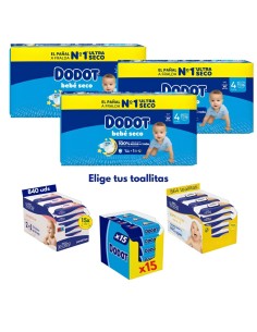 Pack Dodot Bebé-Seco Talla 4 116 uds + Toallitas Dodot a elegir (Sensitive, Aqua Pure o Etapas)