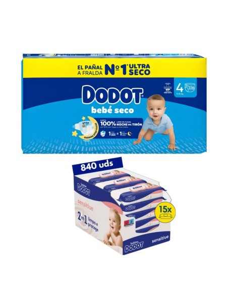 Pack Dodot Bebé-Seco Talla 4 116 uds + Toallitas Dodot a elegir (protección y cuidado completo)