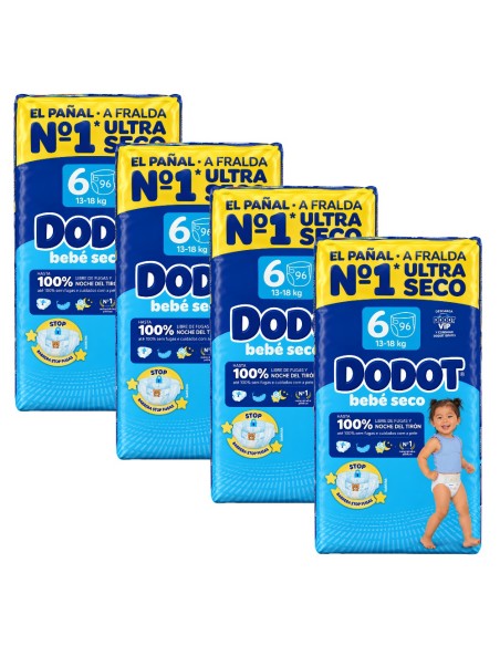 Pack Dodot 4 cajas Talla 6 Bebé‑Seco 384uds – Máxima absorción 12 h