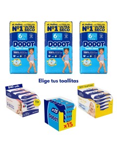 Pack Dodot Bebé-Seco Talla 6 288 uds (3 cajas) + Toallitas Dodot a elegir (Sensitive, Aqua Pure o Etapas)