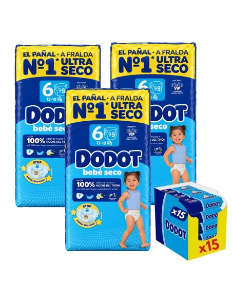 Pack Dodot 3 cajas Talla 6 Bebé‑Seco 288 uds – Protección 12 h