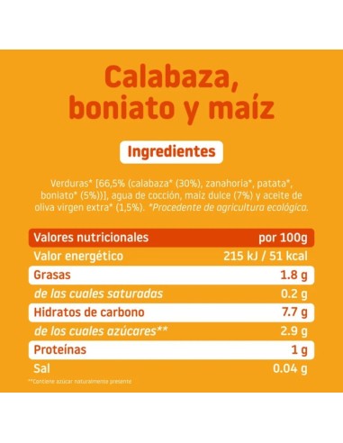 Tarrito de Calabaza, Boniato y Maíz Ecológico 220g - Smileat